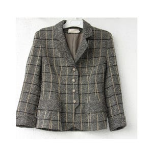 WOOL CHECKERED jacket, Vintage 90s, Tweed checkered women&#39;s jacket, checkered women&#39;s jacket, Green, beige, black, M size