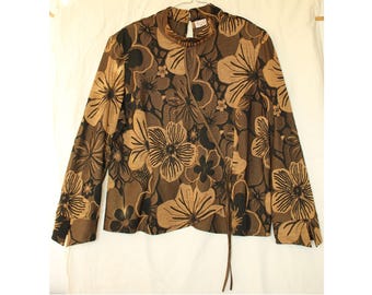 Vintage 90s Floral Knit Blouse, Brown & Black, Long Sleeve, Eu 46