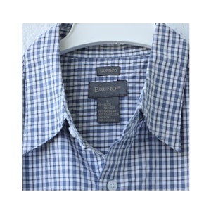 WHITE Blue Gingham Men&#39;s Shirt with short sleeves, Vintage small check shirt, Button down Plaid shirt L size
