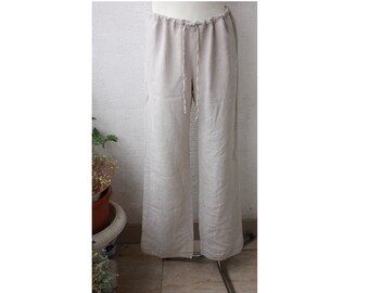 Long Light BEIGE LINEN Cotton Women's Pants, Lose straight Pastel Long Pants, Drawstring Waist Summer Pants M size