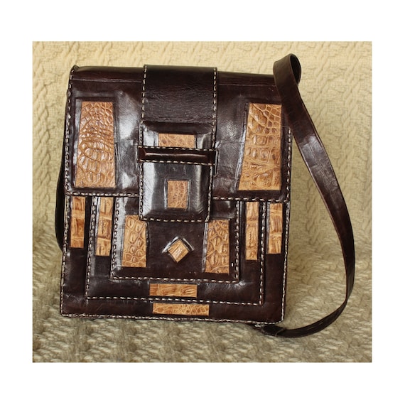 Vintage 80s HANDMADE Brown Genuine Leather Shoulder Bag
