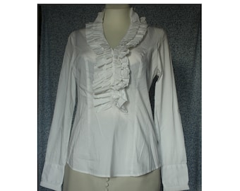 Vintage 80s, White Blouse with FRILLS, White Blouse Long sleeves zippered on the side, ESPRIT Blouse, M size
