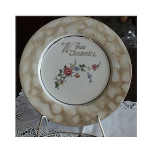Vintage Large porcelain plate with dedication, Porcelain plate made in Poland by Cmielow, Floral large plate with rose