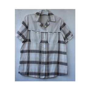 LARGE, CHECK Women&#39;s Oversized Blouse, Plaid women&#39;s blouse, Button Down Plaid Shirt, Short Sleeve Tartan Top