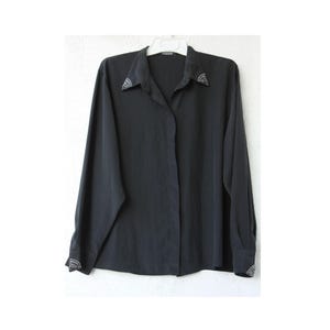 BLACK elegant women&#39;s Blouse with long sleeves, Vintage button black shirt, Blouse decorated beads Retro Style, Made in England, Size L