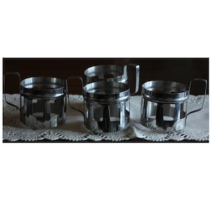 Vintage 80s Set of 4 METAL Holders, Stainless steel Metal glass holders, Set classic metal holders, Retro Metal Holders