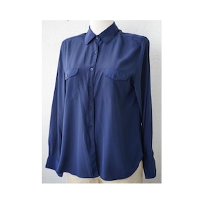 Navy BLUE Women&#39;s Shirt, Navy Blue Blouse Top, Button Up Navy Blue Blouse shirt, Vintage 90s Navy Blue collared Top