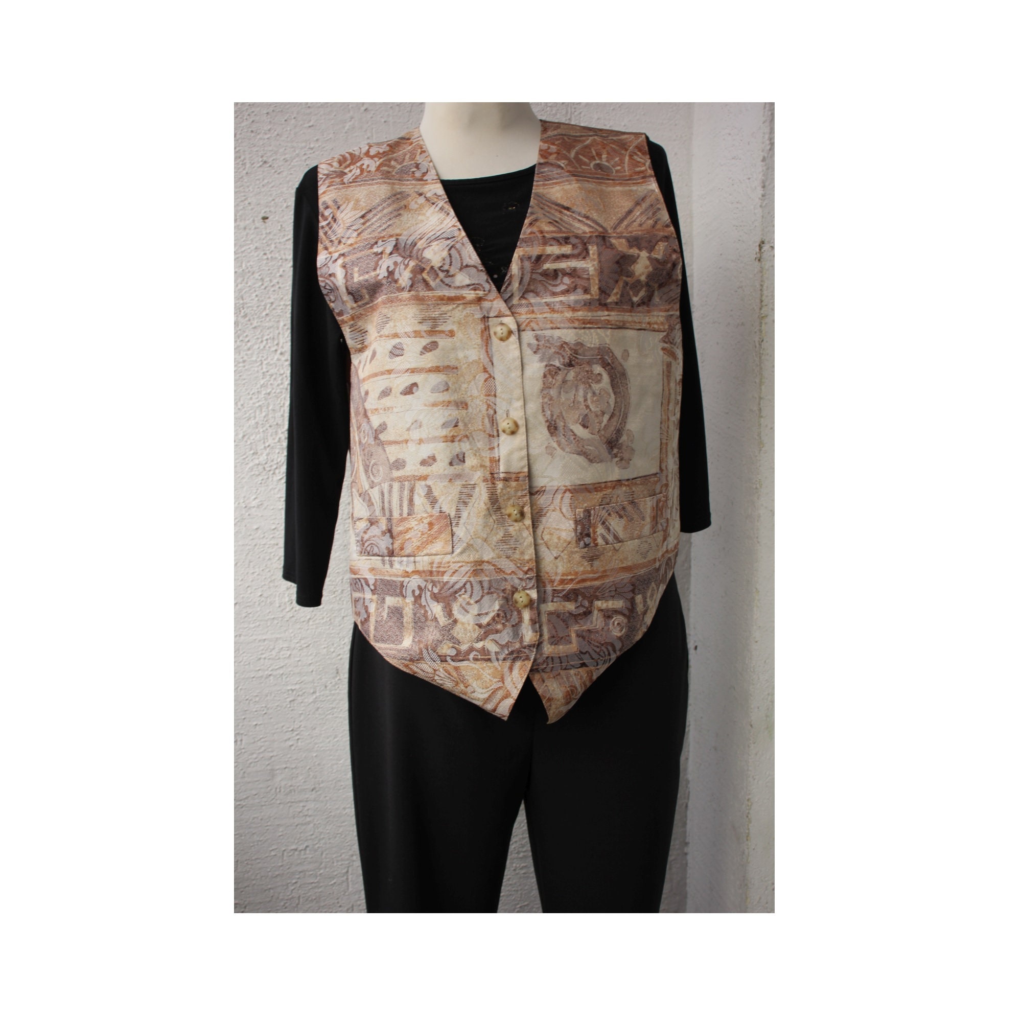 JACQUARD Brown Beige Cream Vest, Vintage 80s Jacquard Vest, Button 