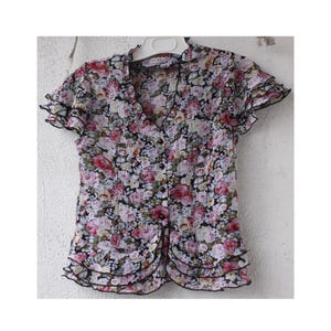 Large Vintage short sleeves frill blouse, Multicolor floral Blouse, Rose short cropped blouse Floral print summer Top EU 44