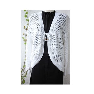 White crochet Cardigan with long sleeves, Vintage crochet tie cardigan, Loose oversized crochet cardigan, LACE WHITE Women's Cardigan M/L