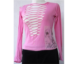 Bluzka damska Vintage Cotton Pink z długimi rękawami, oczka XS-S