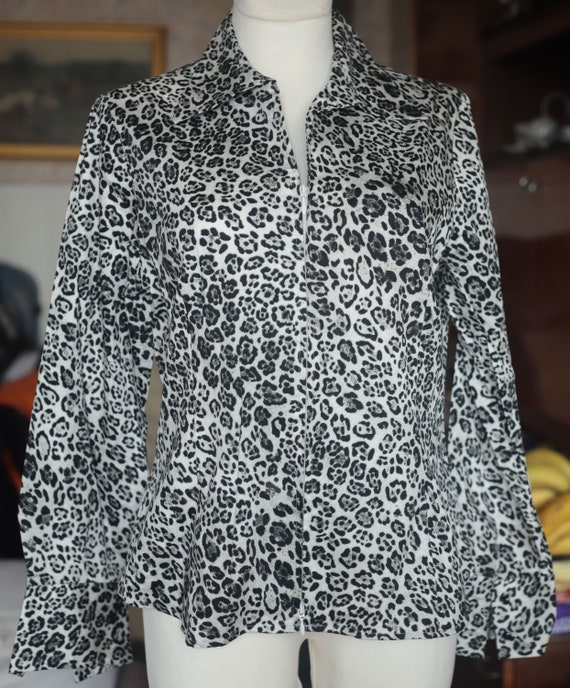 Blusa ANIMAL PRINT blanco y negro Blusa animal print Blusa estampado leopardo Blusa Zip Up Leopard Vintage Talla L Etsy Mexico