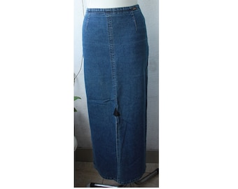 Vintage Blue Denim Maxi Skirt, Slit Jean Skirt, XS