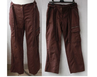 BROWN long LINEN cotton Pants Trousers, CARGO Brown Women's Tied Pants, Vintage 90s Linen Blend Pants M size, Uk 12