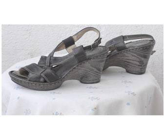 Black Leather Strappy wedge shoes, Black wedge genuine Leather Sandals, Women's leather platform Black sandals, Platform Sandals EU 36