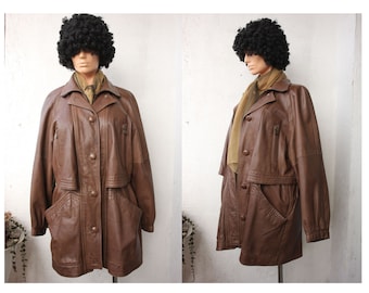 Vintage 80s Brown Genuine Leather Jacket – Oversized Boho Style, Made in Germany, Size 40