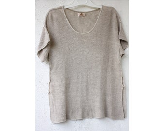 LARGE, Pure LINEN knit blouse, Gray/Beige Linen Blouse, Linen Blouse with short sleeves, Summer linen blouse