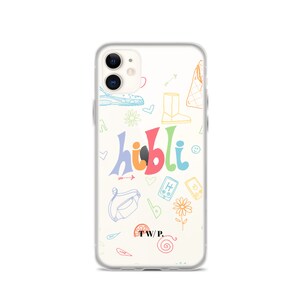 May include: A clear phone case with a white background and colourful doodles. The doodles include a pair of boots, a flower, a bag, an arrow, and the word "hiibli" in rainbow colours. The text "TW/P." is also included in the design.