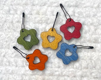 Stitch Markers - 9 Colorful Flowers with Hearts - Wood, Crochet, Knitting, Placement Charms