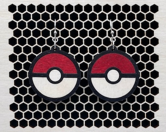 Pokeball Earrings - Wooden, Gaming - Solid Sterling Silver Hooks