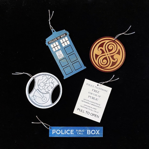 Doctor Who Ornaments - Tardis, Police Box, Rassilon, Gallifrey - Hand Painted / Inlaid Wood - Christmas