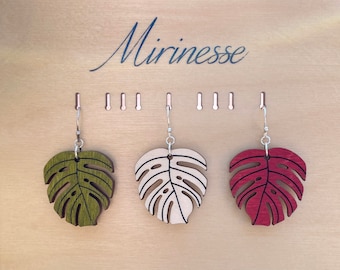 Monstera Leaf Earrings - Botanical Wooden - Solid Sterling Silver Hooks - Swiss Cheese Plant