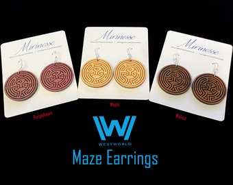 Westworld Maze Earrings - Solid Walnut, Maple, and Purpleheart - Sterling Silver