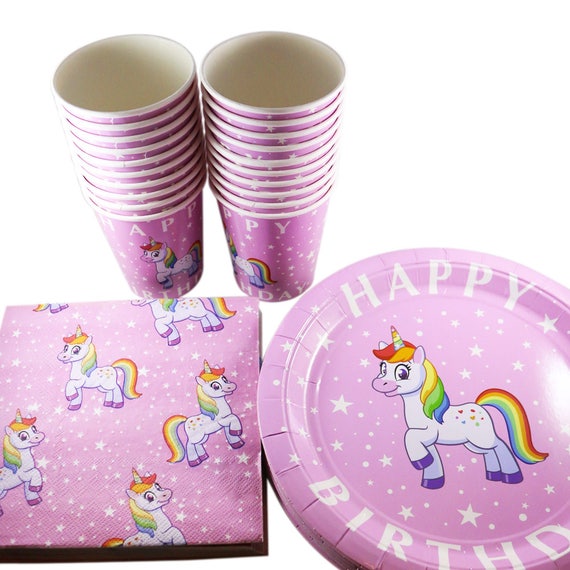 Rainbow Unicorn Birthday Party Pack - Pink Plates, Napkins & Cups - Serves 20 Il_570xn