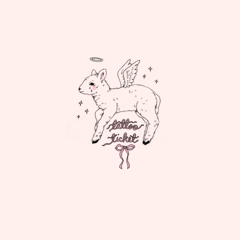 May include: A black and white illustration of a lamb with wings and a halo. The lamb is standing on a pink ribbon with the words "Halloo" and "Licket" written on it.