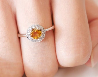 Citrine Ring, Solitaire Ring, Halo Ring, Citrine Ring Gold, Engagement Ring, Promise Ring for Her, Vintage Ring, Gemstone Ring