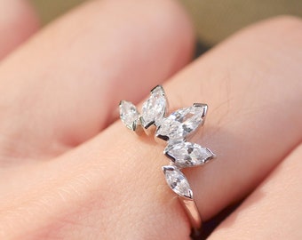 Anillo de diamantes marquesa, anillo marquesa, anillo de corona, anillos apilables, anillo curvo, regalo de cumpleaños para ella, regalo de aniversario, anillo marquesa de plata