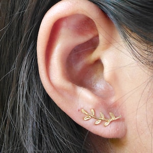 Sterling Silver Leaf Climber Earrings Branch Earrings Minimalist Leaf Earrings Simple Cilmber Earrings Olive Leaf Earrings