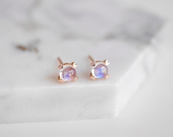 Rainbow Moonstone Earrings, 14K Solid Gold, Heart Prong Gemstone Earrings