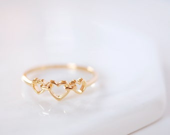 Triple Heart Ring, Heart Ring Heart Rings, Love Ring Gold Heart Ring, Sterling Silver Ring, Heart Jewelry, Dainty Ring, Valentine's Day Gift