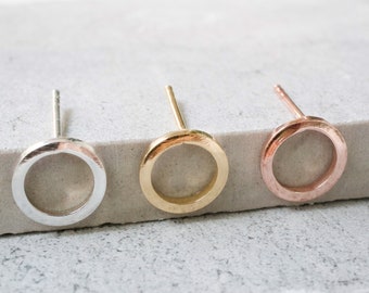 14K Gold Plated Minimalist Open Flat Circle Stud Earrings, Geometric Studs, Gold Circle Earrings, Minimalist Open Circle Studs
