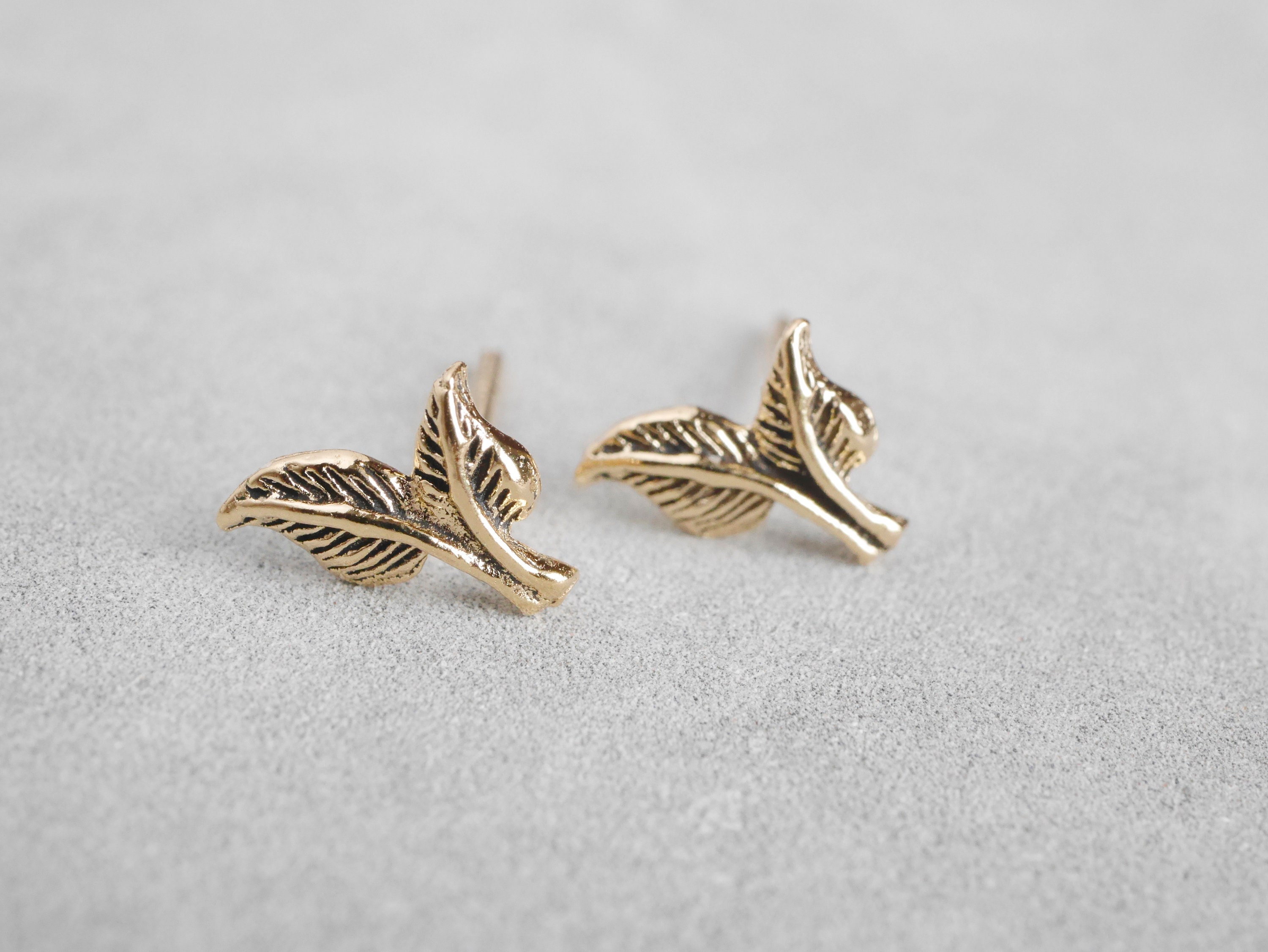 Very Tiny Minimalist Leaf Stud Earrings Plated 14K Gold Leaf - Etsy