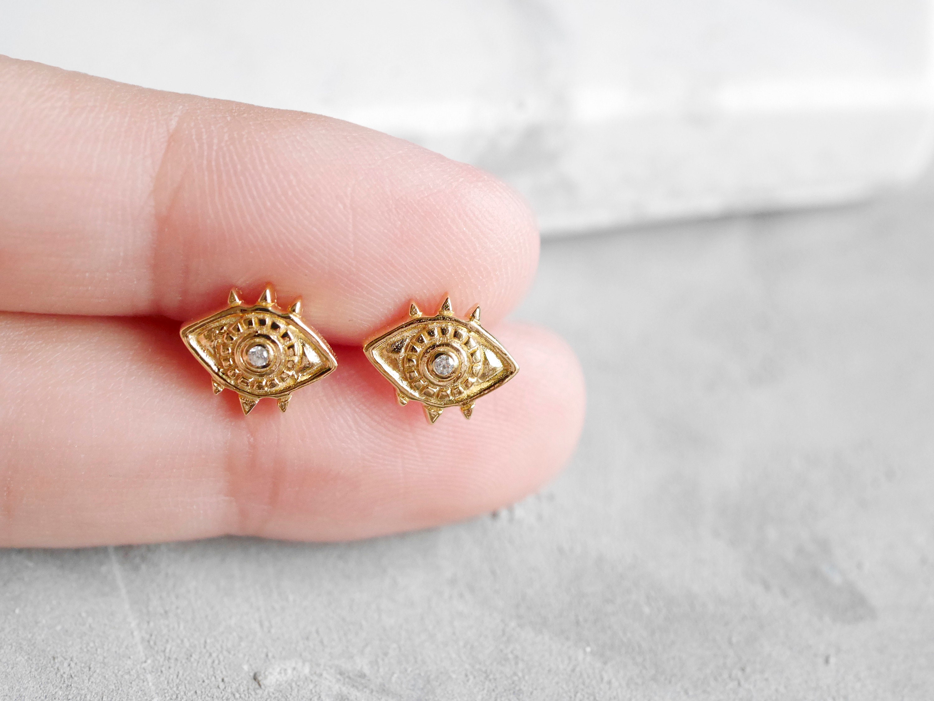 CZ Diamond Sterling Silver Evil Eye Earrings Stud 14k Gold Etsy