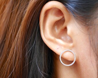 Gold Open Circle Stud Earrings, Big Hoops, Open Hoop, Circle Studs, Minimalist Earrings Stud, Flat Circle Earrings