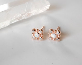 Opal Earrings, Opal Earrings Stud, Stud Earrings, 14K Gold Earrings, October Birthstone, Tiny Gold Earrings, White Opal, Bridesmaid Earrings