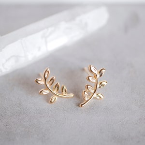 14K Gold Plated Leaf Earrings, Gold Leaf Earrings, Branch Earrings, Leaves Earrings, Gold Stud Earrings, Olive Leaf Earrings