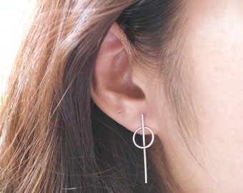 Sterling Silver Minimalist Open Circle & Line Stud Earrings - Open Circle Earrings - Line Earrings - Minimalist Geometric Earring