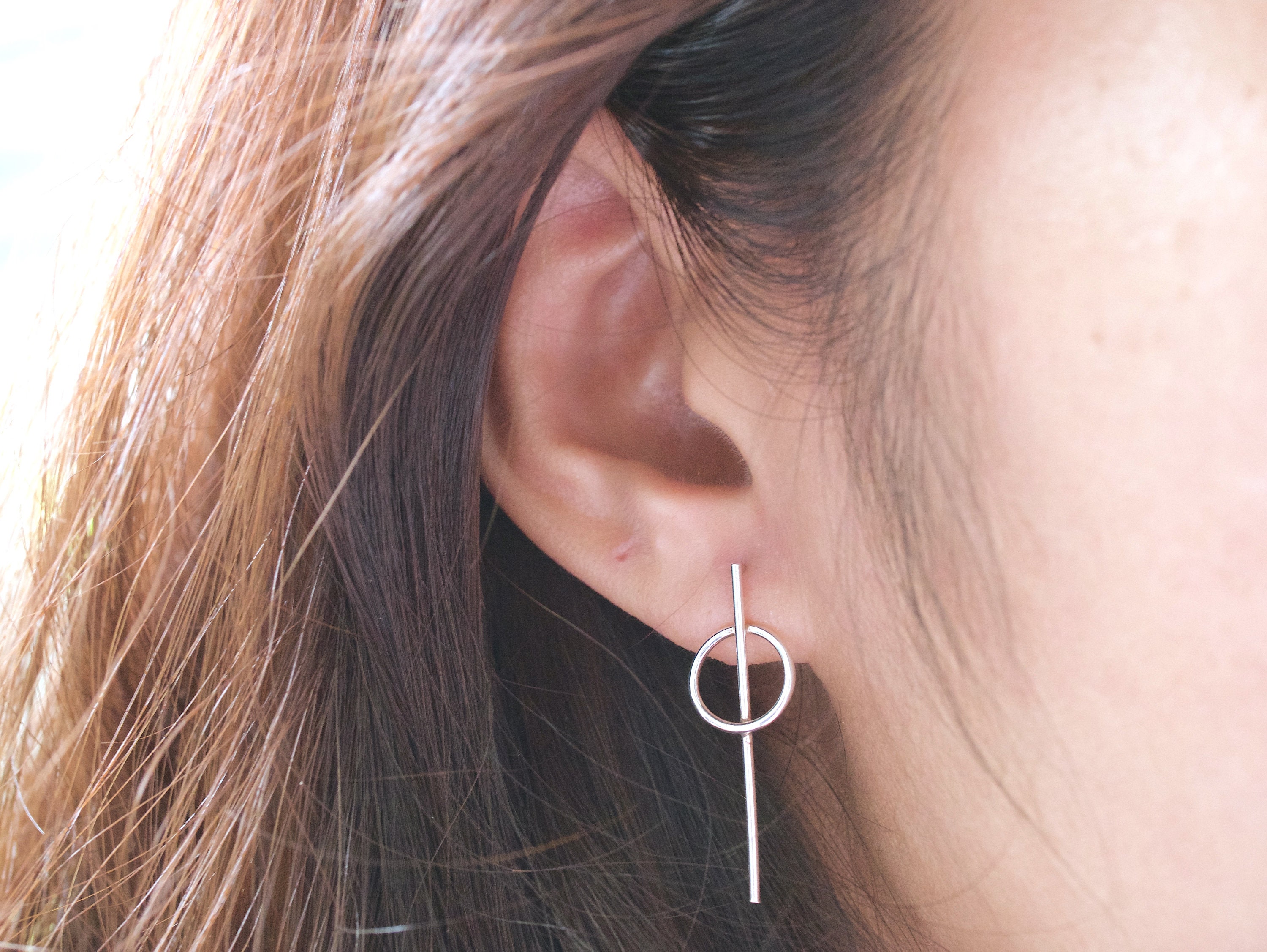 Sterling Silver Minimalist Open Circle Line Stud Earrings Open