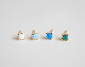 Dainty Earrings, Tiny Stud Earrings, Blue Opal Earrings, Minimalist Earrings, Silver Earrings, Solid Gold Earrings, Blue Earrings