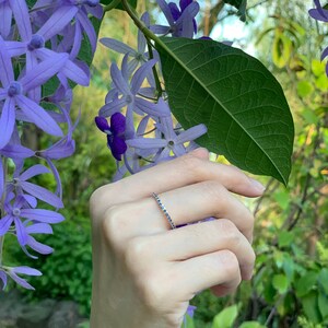 Puede incluir: Un delicado anillo de plata con una fila de peque&ntilde;as piedras azules. El anillo se lleva en una mano sobre un fondo de flores moradas.