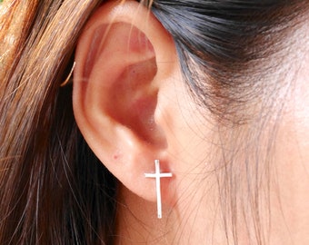 Sterling Silver Minimalist Cross Earrings - Cross Stud Earrings - Earrings with Cross - Modern Cross - Silver Earrings - Mens Earrings