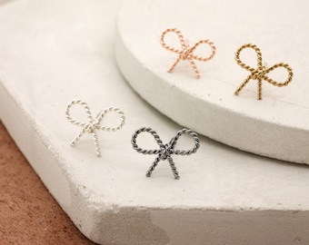 Sterling Silver Minimalist Delicate Bow Earrings Stud - 14k gold plated rose gold plated black Tiny Silver Bow earrings - Girl Silver Studs