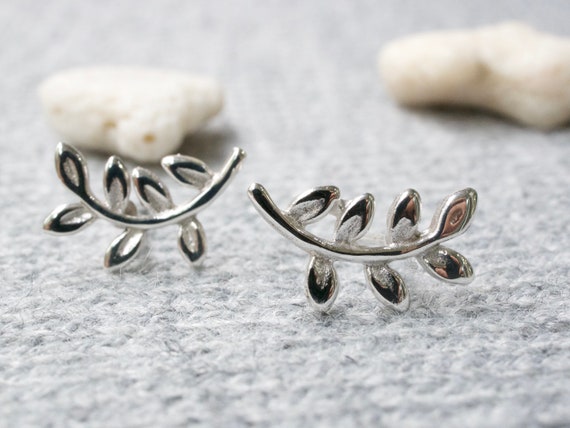 Sterling Silver Leaf Earrings Branch Earrings Minimalist Leaf Earrings Simple Stud Earrings Olive Leaf Earrings Etsy