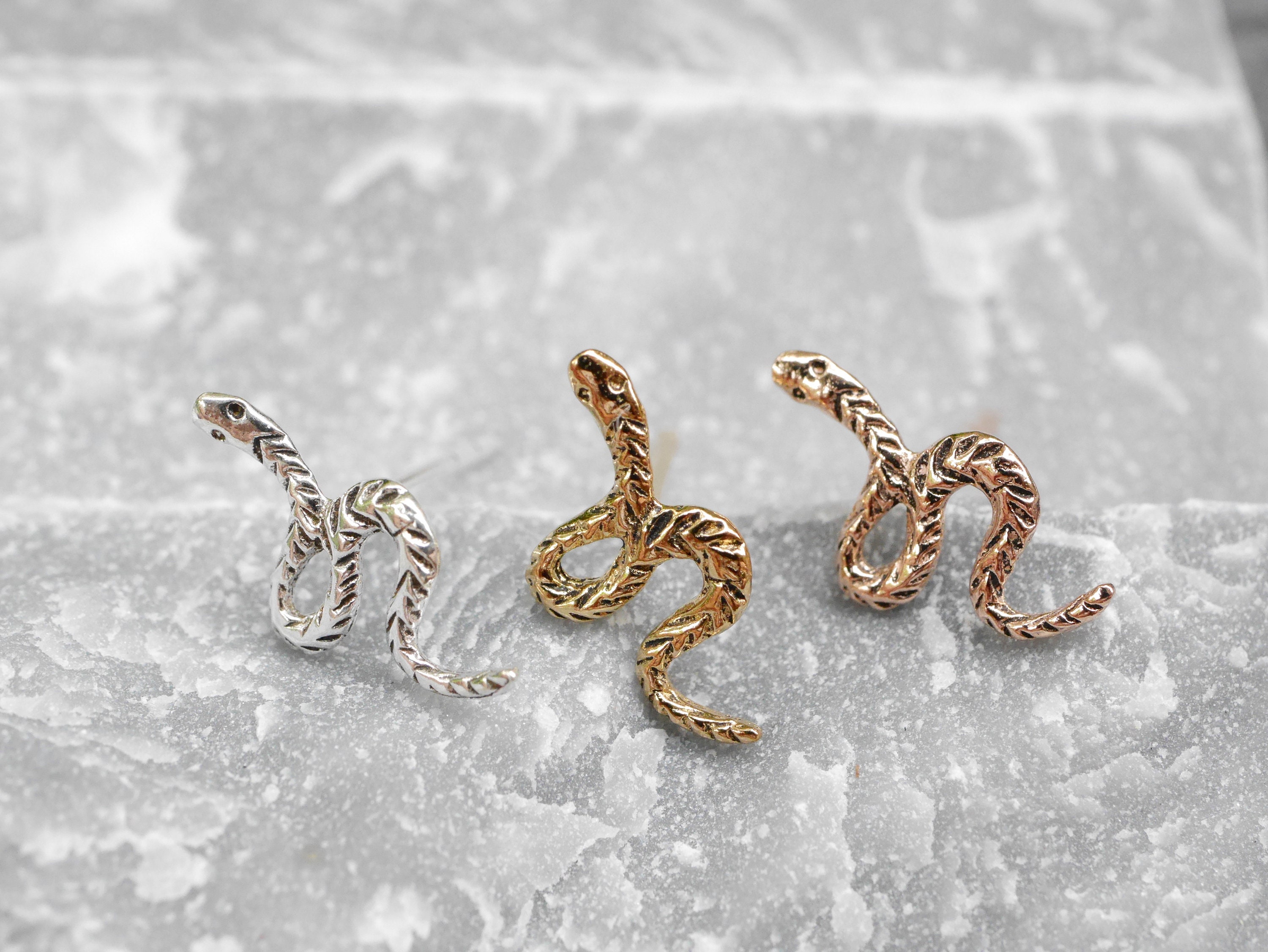  IDB Stainless Steel Small Snake Stud Earrings - Approx. 3/8  inch (0.4 / 10mm) - Super Cute Dainty Reptile Studs in Gold, Silver, Multicolor