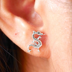 Sterling Silver Minimalist Tiny Dragon Stud Earrings - Dragon Snake Earrings - Dragon Stud Earrings - Chinese Dragon - Fantasy Earrings