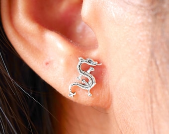 Sterling Silver Minimalist Tiny Dragon Stud Earrings - Dragon Snake Earrings - Dragon Stud Earrings - Chinese Dragon - Fantasy Earrings